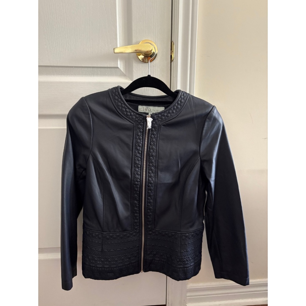 Cleo Petites Navy Faux Leather Quilted Moto Jacket NWT (S/P)